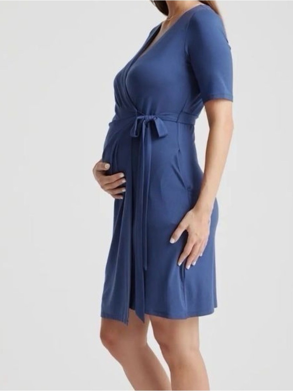 Quince Navy Tencel Lyocell Maternity Nursing Wrap Dress Size Small Navy Blue
